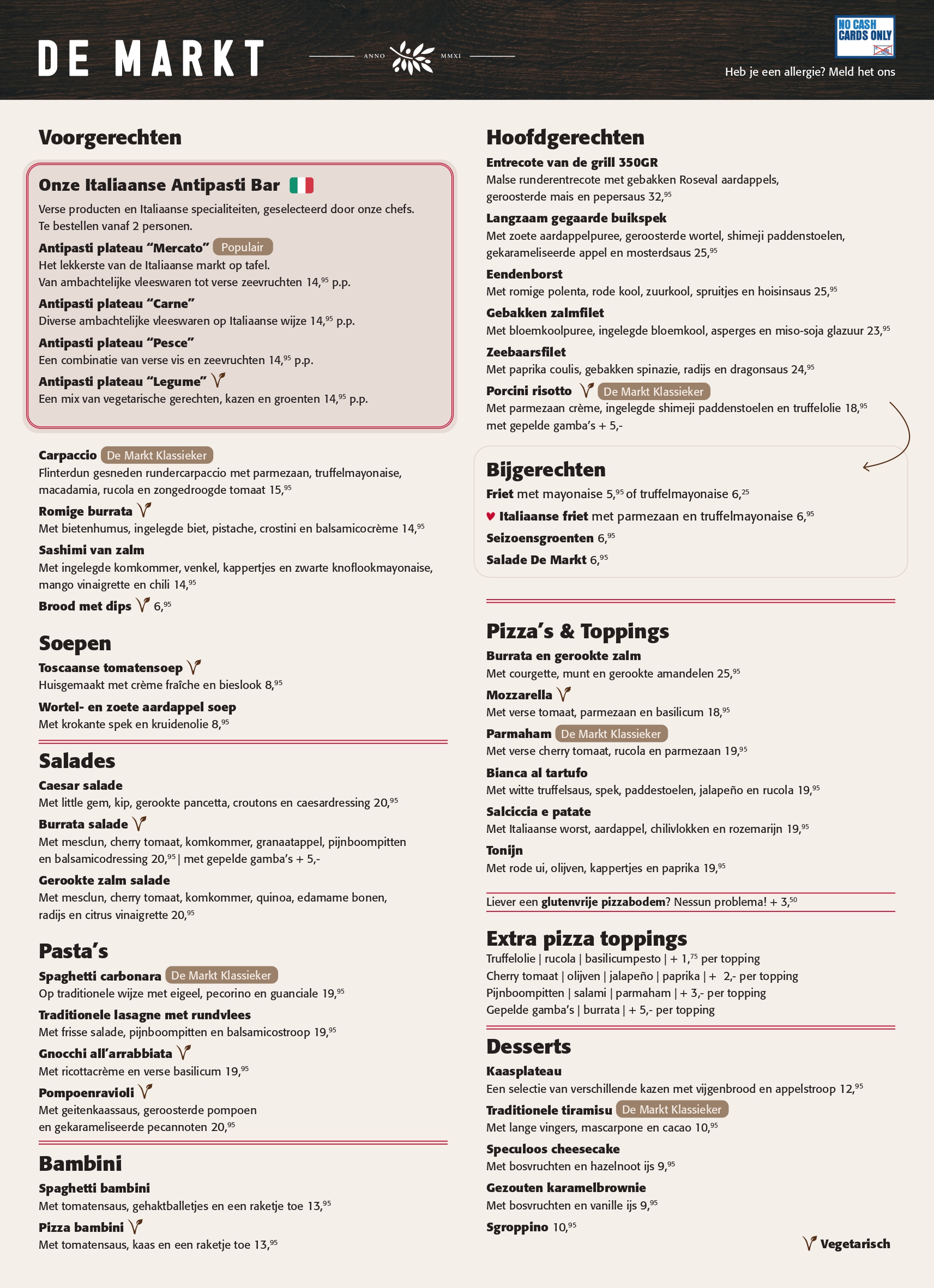 Diner menukaart De Markt Utrecht centrum